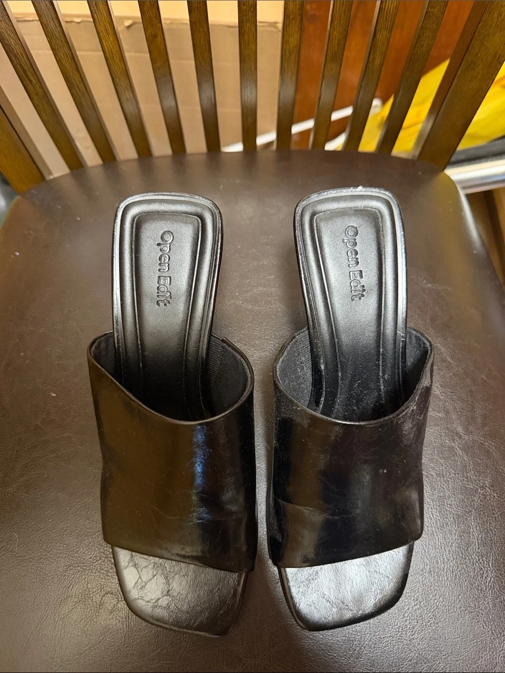 Open Edit Black Leather Mule Heels - Women's Slip-On Peep Toe